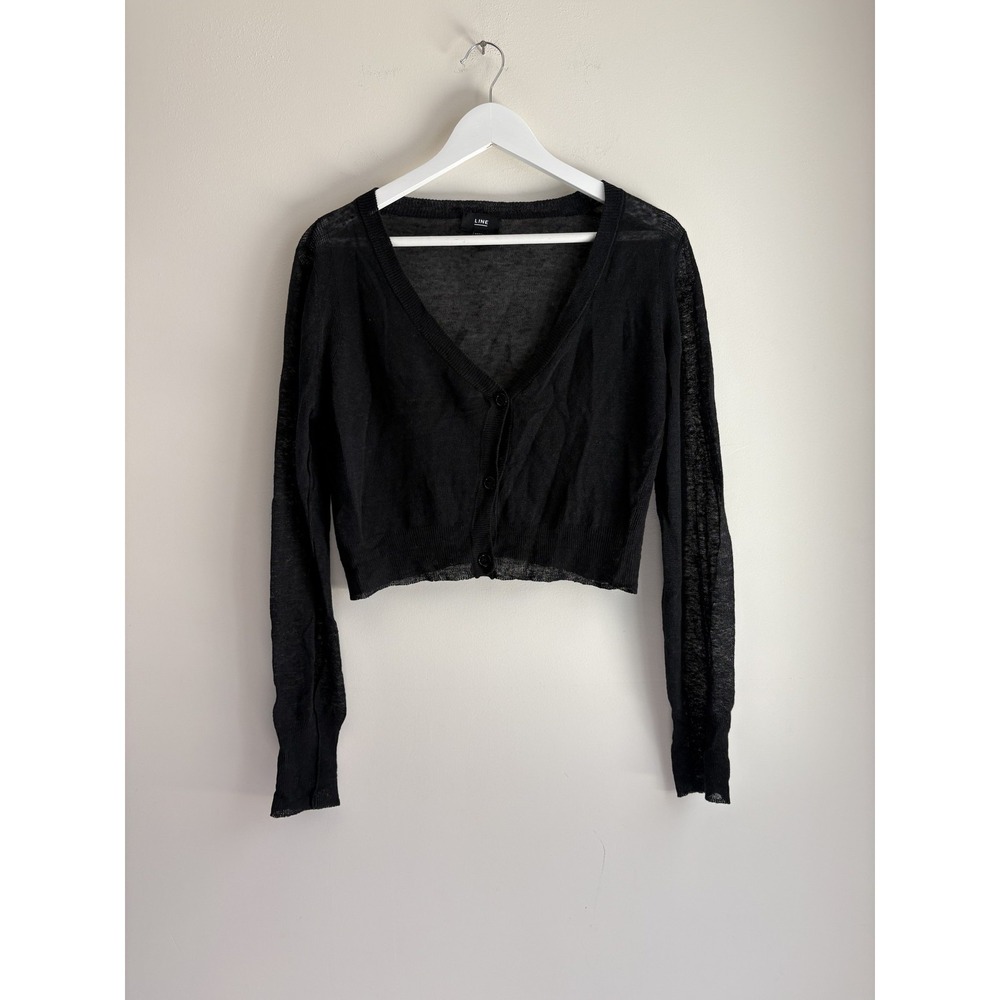 LINE Womens Cropped V-Neck Cardigan M Black Sheer Lightweight Knit Button Front